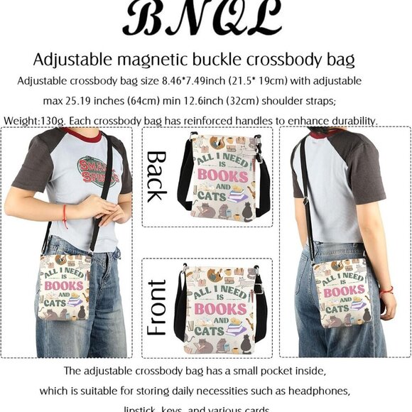 Books And Cats Crossbody Bag Waterproof Polyester Adjustable Shoulder - Picture 6 of 7
